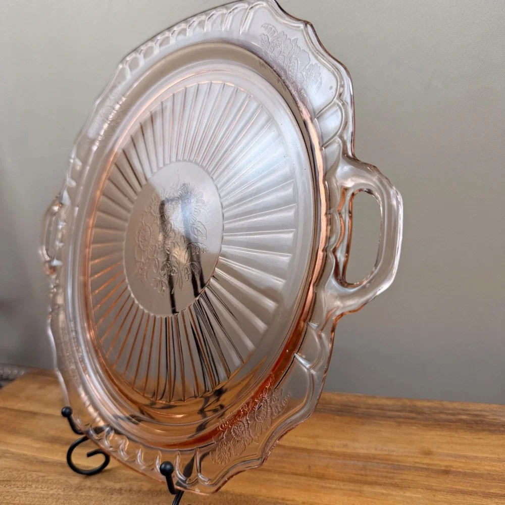 Anchor Hocking Mayfair Open Rose Pink Depression Glass Handled Platter 14 inch